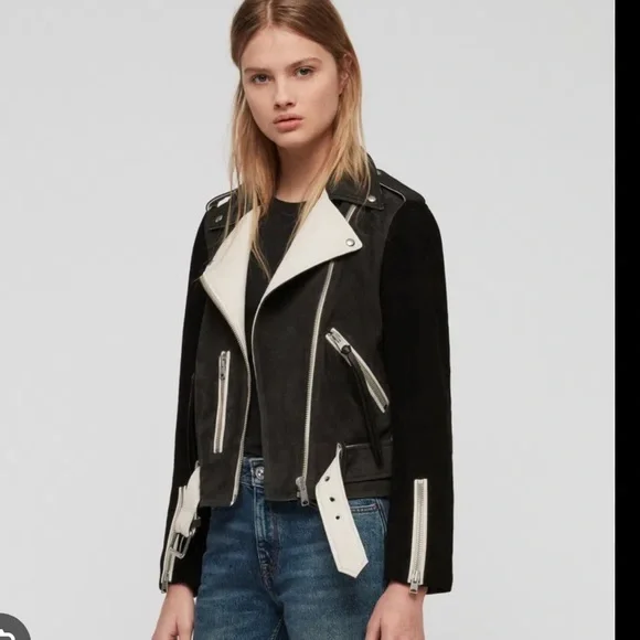 AllSaints Balfern Mixed Leather Moto Jacket black and white - Picture 1 of 7